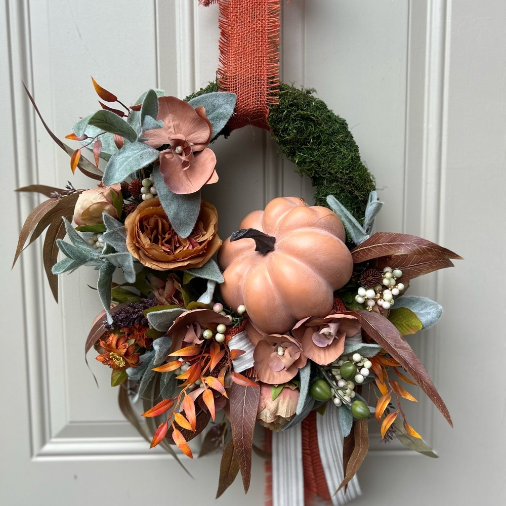 Autumn Harvest Wreath with Pumpkin and Floral Accents